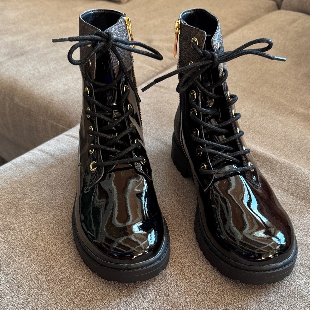 MICHAEL Michael Kors Black Patent Combat Boots